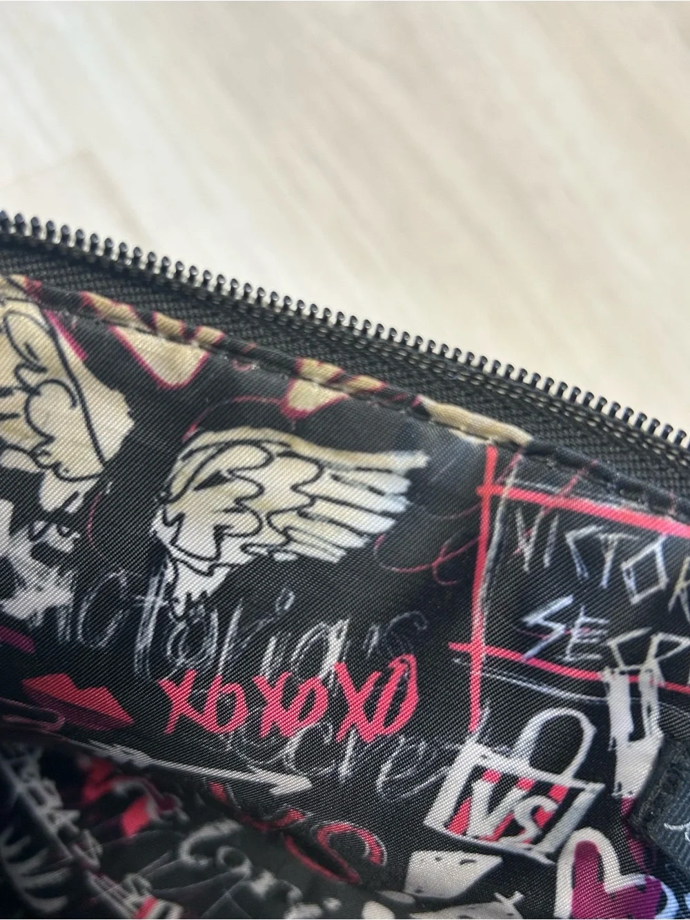 Victoria's Secret Large Cosmetic Zippered Bag Pouch Black Pink Heart Angel Wings